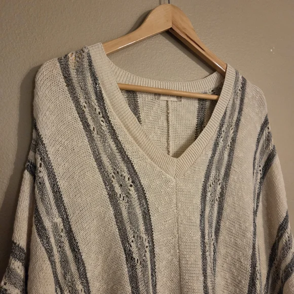 ALTAR'D STATE Cream Boho Western Striped Fringed Knit Vneck Shawl Poncho SZ S/M - Picture 2 of 9